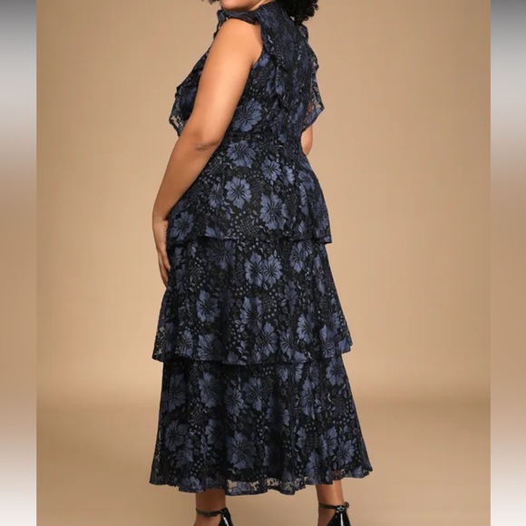 Molinetto Navy Blue Lace Ruffled Tiered Sleeveless Maxi Dress - Picture 4 of 9